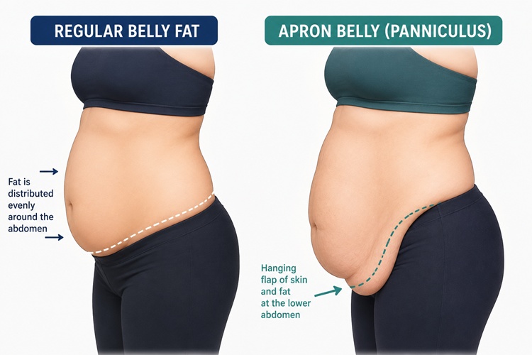 Anatomy diagram showing the difference between regular belly fat and a panniculus apron belly