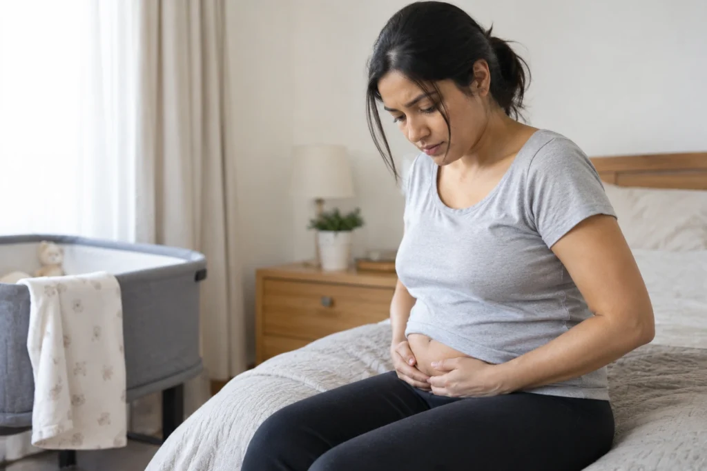 Woman holding her lower belly after a C-section, showing an apron belly after pregnancy