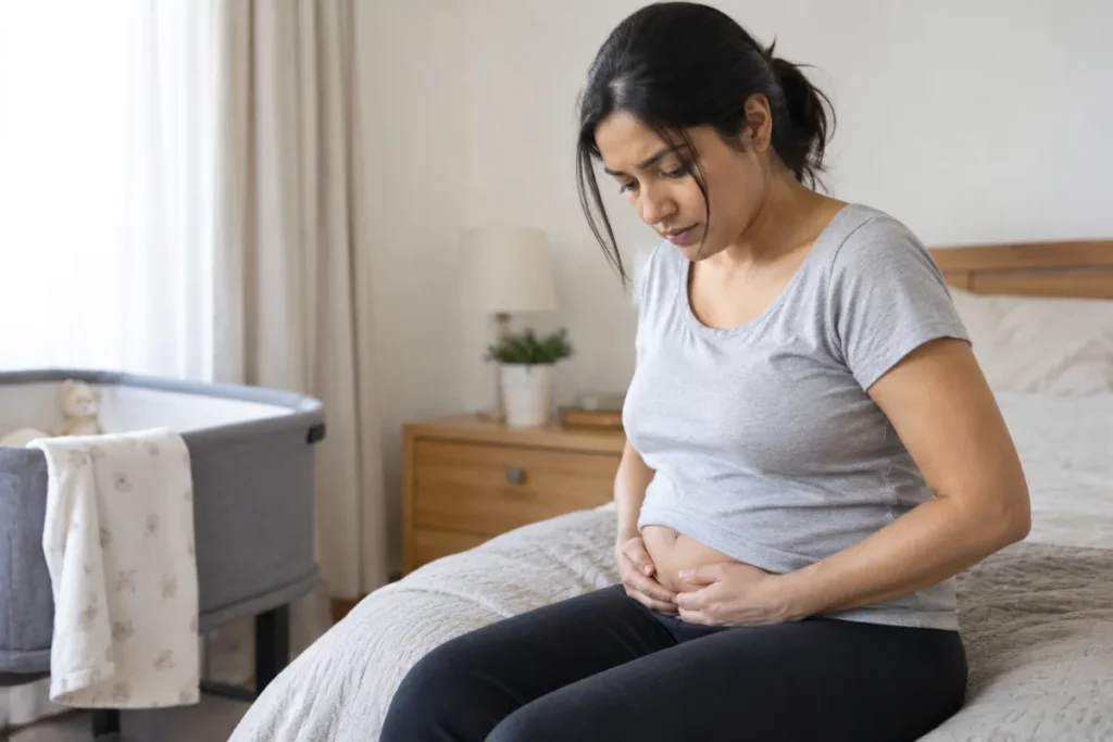 Woman managing an apron belly after her C-section