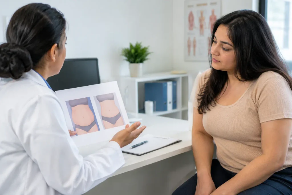 Patient consulting a doctor about treatment options for an apron belly