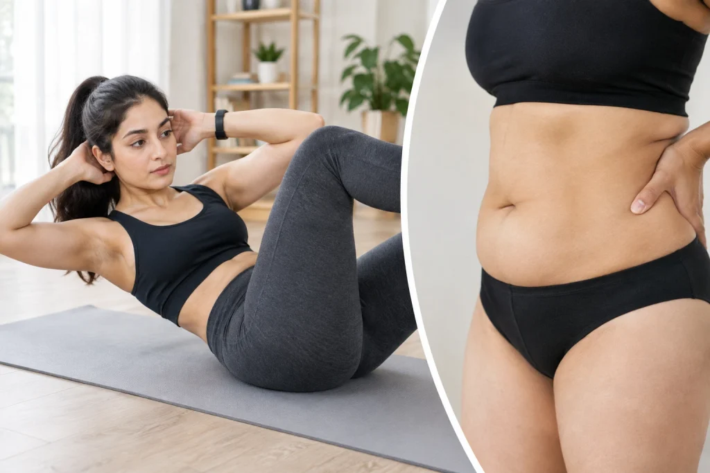 Woman doing an exercise routine to strengthen the core and support an apron belly