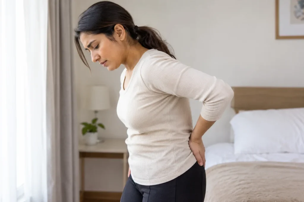Woman experiencing lower back pain linked to an apron belly