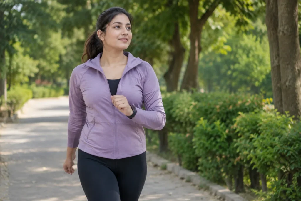 Woman walking for 30 minutes to support belly fat reduction