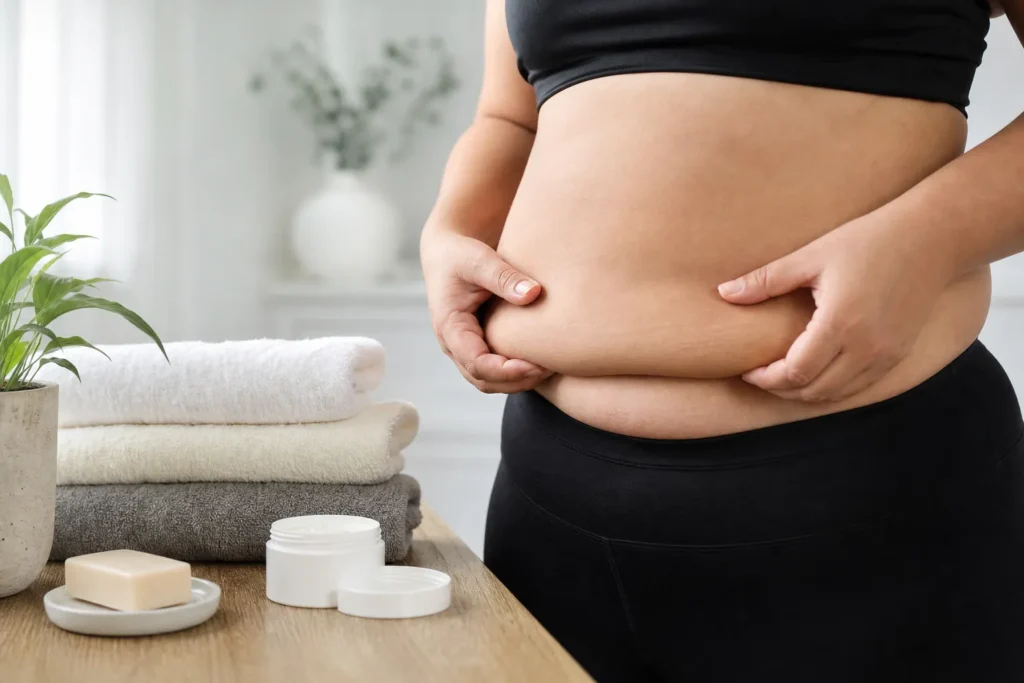 Person holding an abdominal skin fold beside towels and skincare products