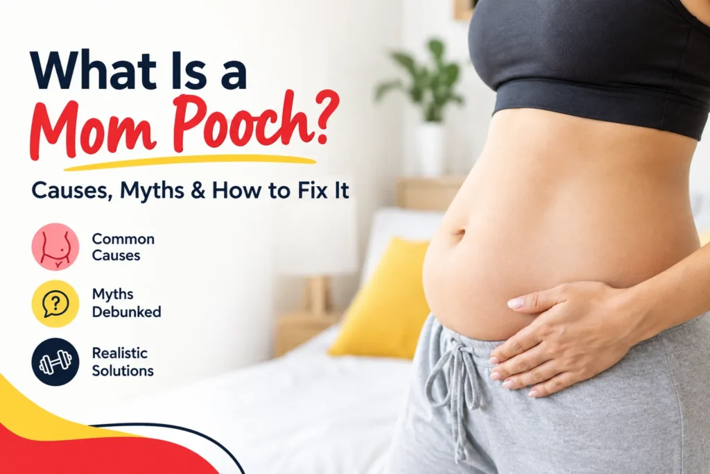 Mom pooch guide cover showing an abdomen and a list of topics