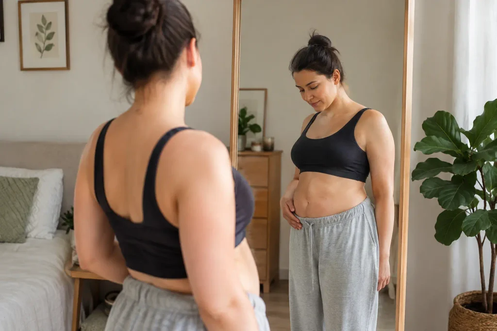 Woman looking at her reflection in a bedroom mirror while gently touching her abdomen, illustrating body confidence with a hanging belly.
