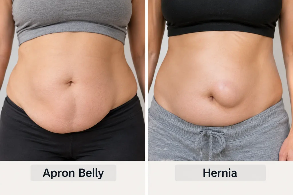 Apron belly vs hernia comparison showing different types of abdominal bulges