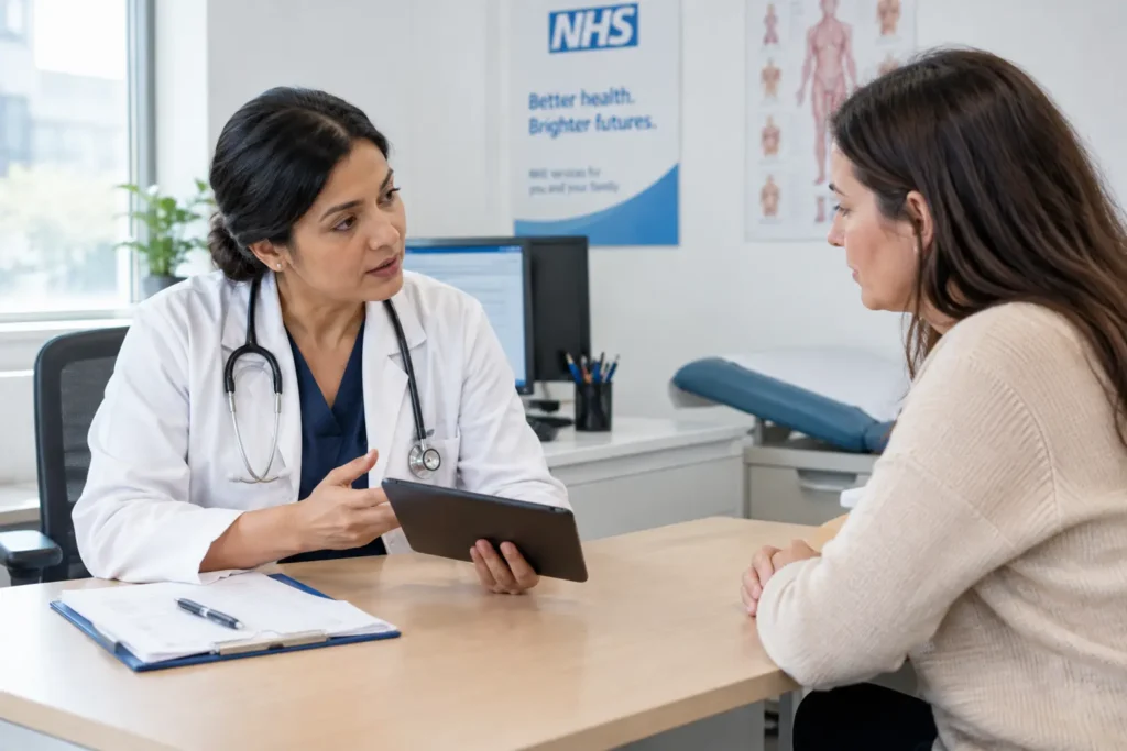 Doctor and patient discussing apron belly treatment options during an NHS consultation