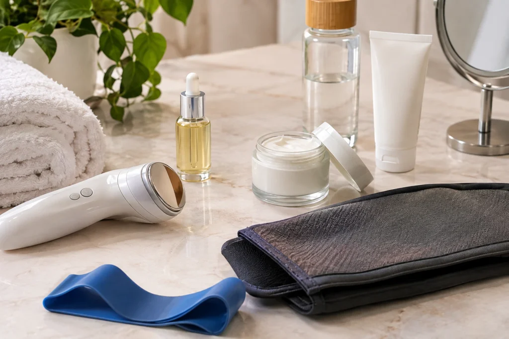 Non-surgical skin tightening for apron belly with skincare products, a facial treatment device, and body contouring accessories.
