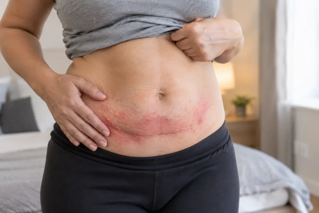 Skin irritation and redness caused by an apron belly