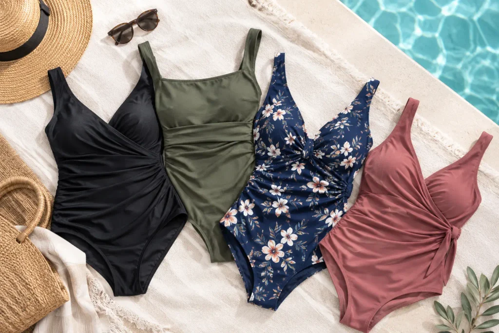 Flat lay of black, olive, floral navy, and dusty rose one-piece swimsuits arranged on a beach towel.