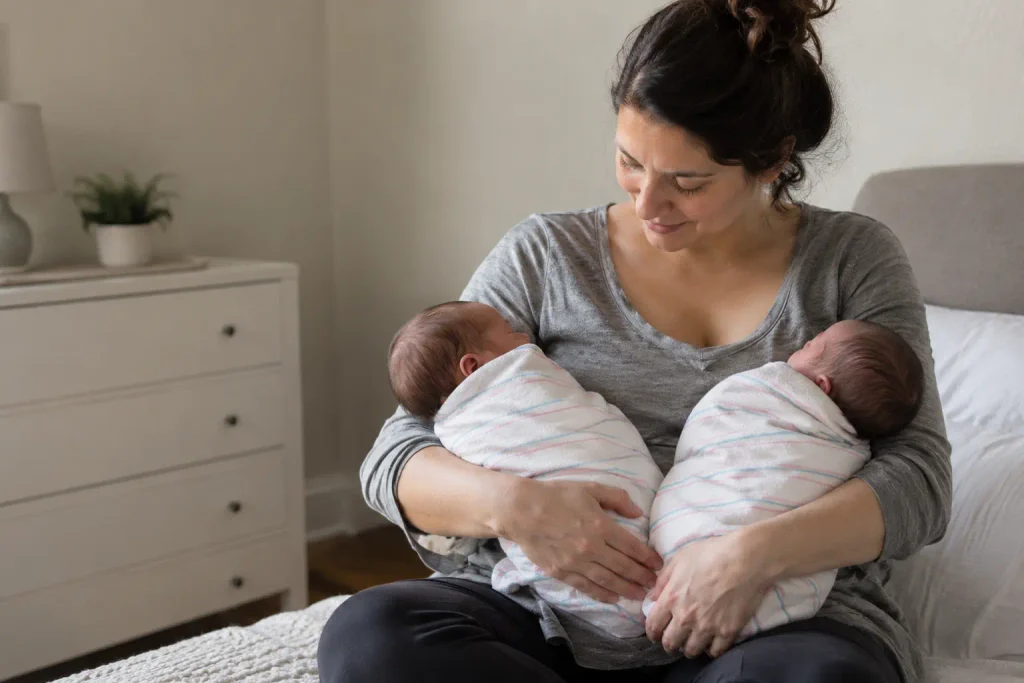 Mother holding her newborn twins while sitting on a bed, illustrating apron belly after a multiple pregnancy.