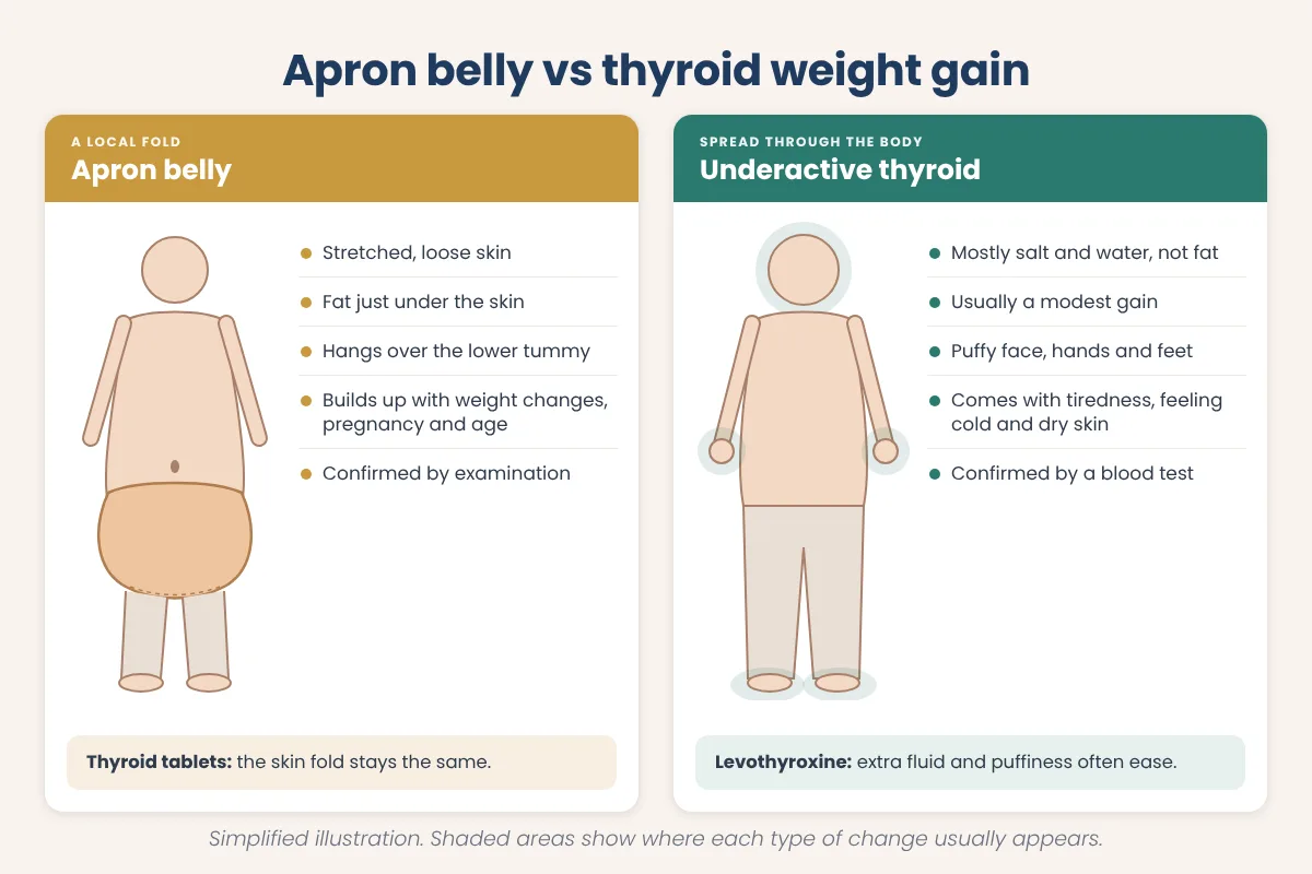 Comparison diagram of an apron belly made of loose skin and fat versus underactive thyroid weight gain caused mostly by salt and water with puffiness in the face, hands and feet