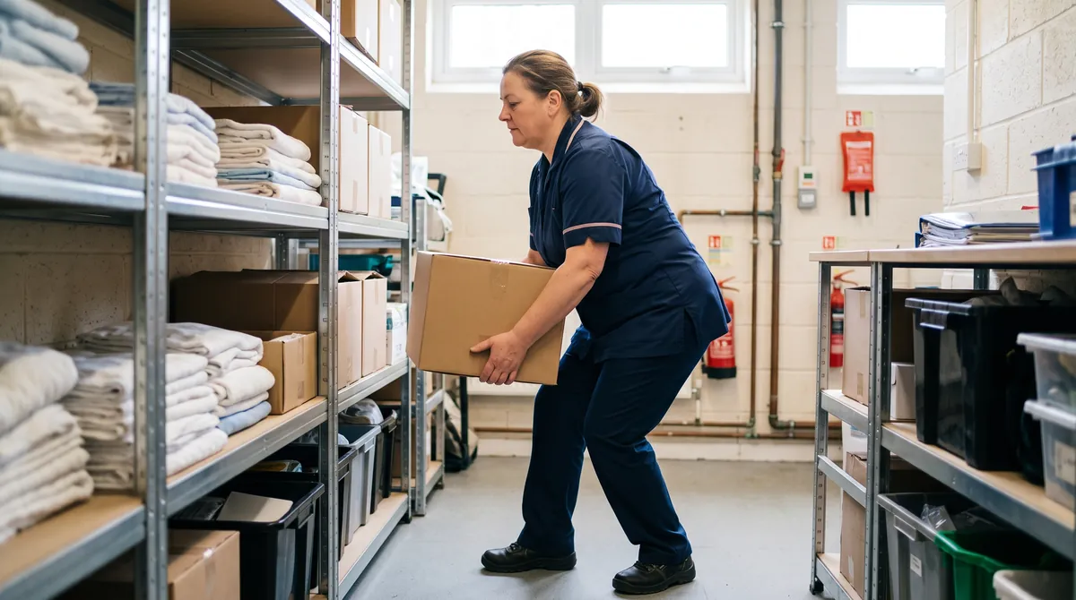 Care worker lifting a box close to her waist with knees bent and back straight in a storeroom