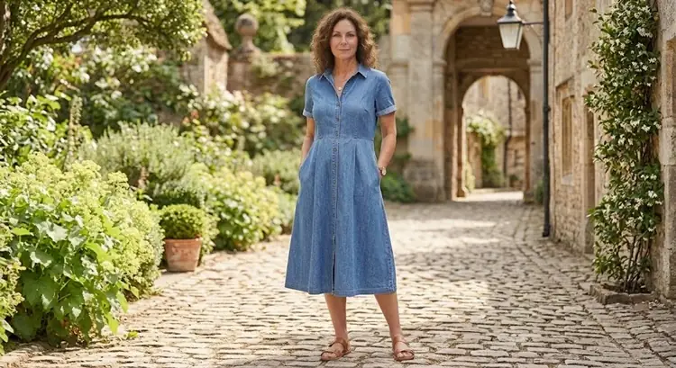 Chambray button-front shirt dress with a relaxed fit through the middle for an apron belly