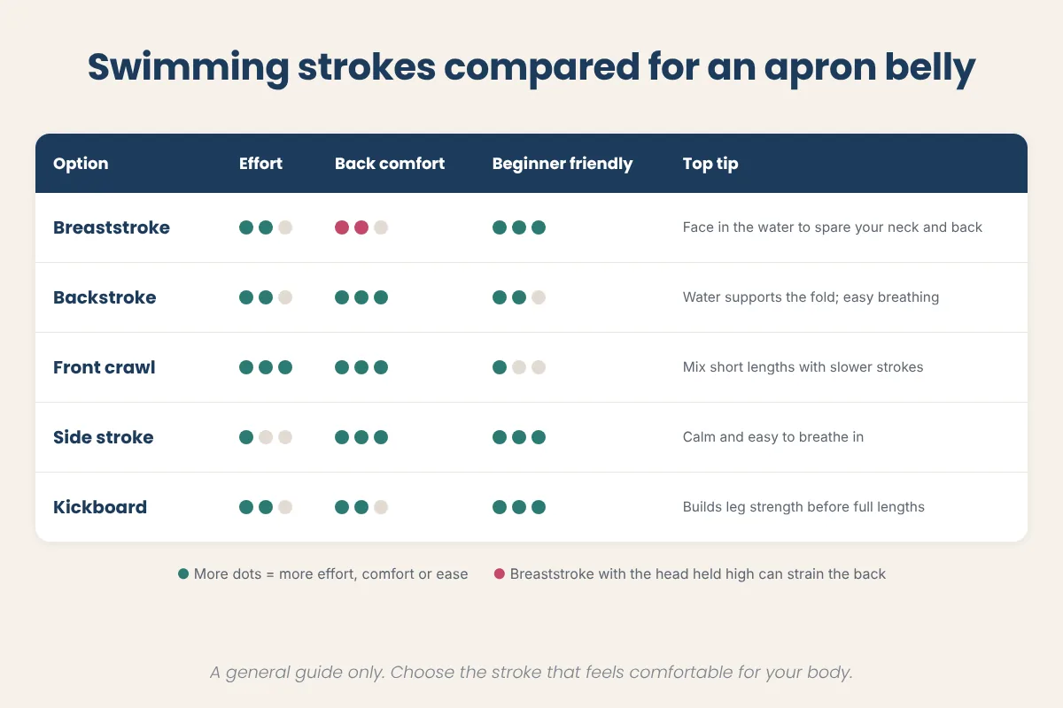Chart comparing breaststroke, backstroke, front crawl, side stroke and kickboard work by effort level, back comfort and how easy each is for beginners