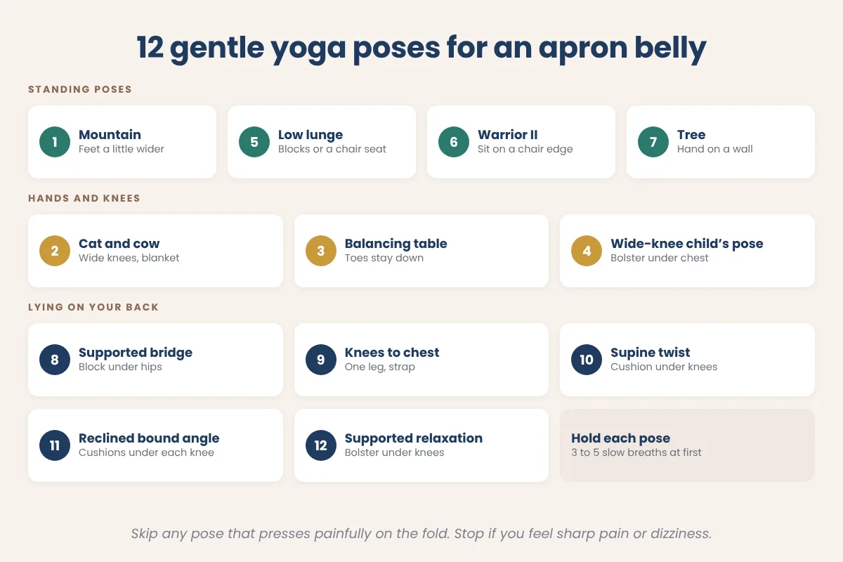 Chart of 12 gentle yoga poses for an apron belly grouped into standing, floor and lying poses, each with the prop that helps