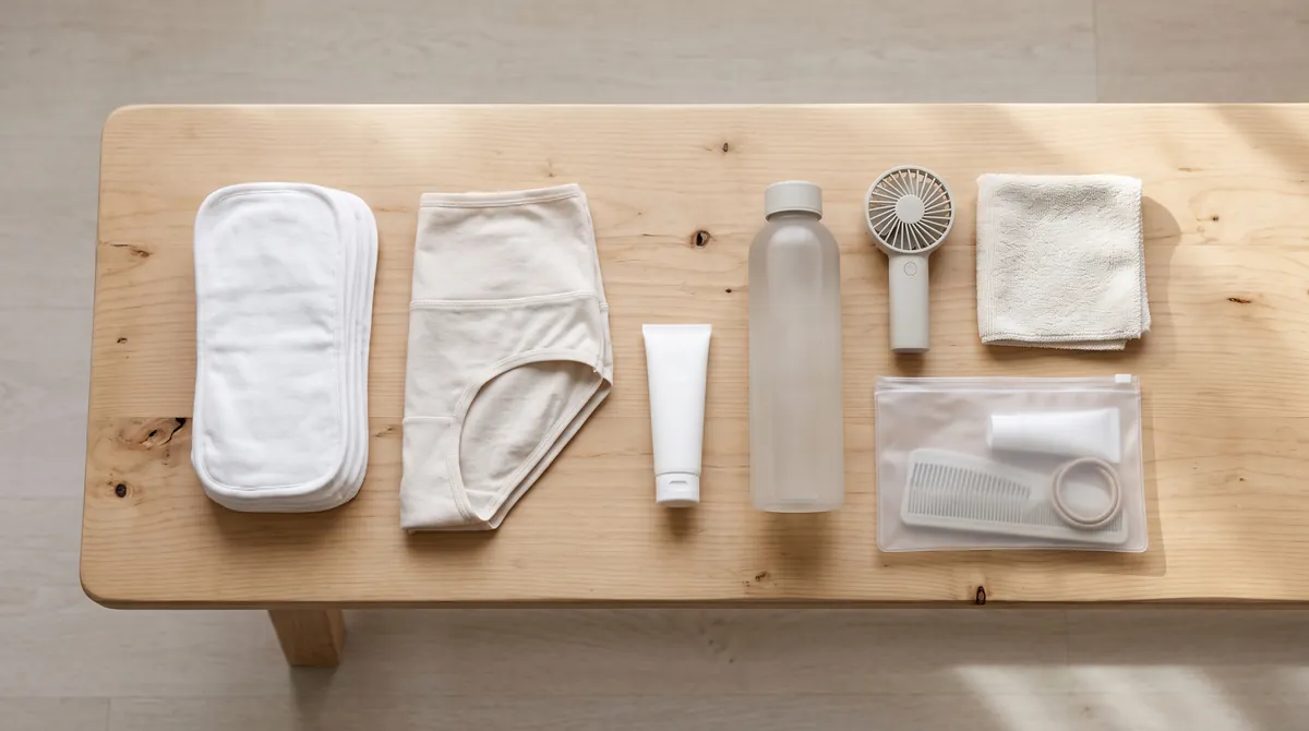 Flat lay of a work bag kit with cotton liners, high-waist knickers, barrier cream, water bottle and mini fan