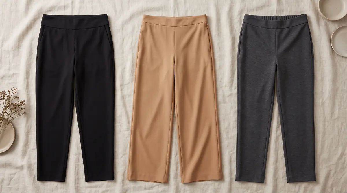 Flat lay of black, camel and charcoal trousers showing wide flat and pull-on waistbands