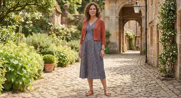 Floral midi dress layered with a rust cropped cardigan for everyday wear with an apron belly