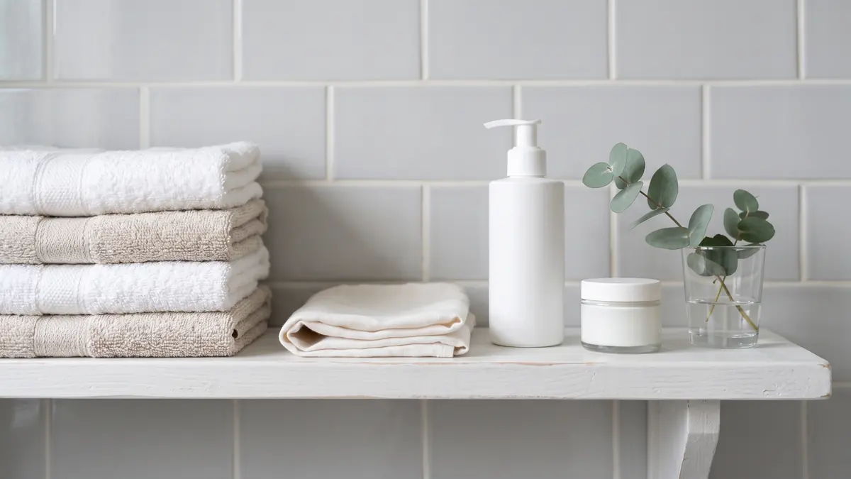 Folded cotton towels, a fragrance-free cleanser and a cotton liner on a white bathroom shelf