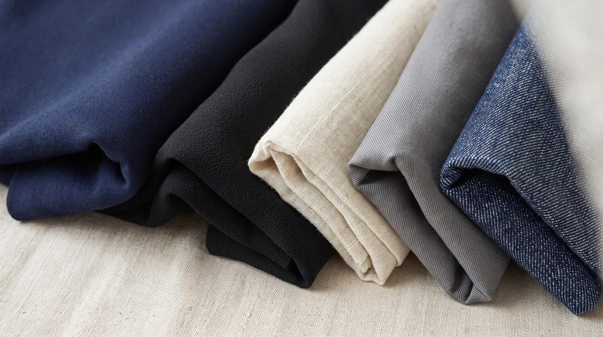 Folded trouser fabric swatches in navy ponte, black crepe, cream linen, grey twill and stretch denim