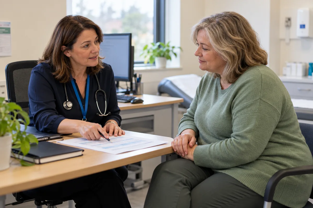 GP in a UK surgery talking a fully clothed woman through her thyroid blood test results on paper