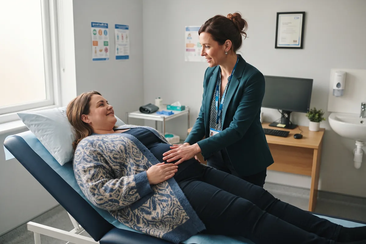 GP gently examining a clothed female patient's tummy as she lies on an examination couch in a UK surgery