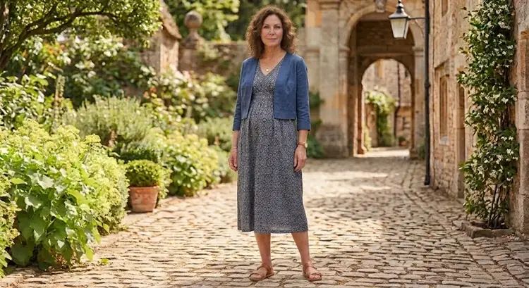 Grey print empire line midi dress with a blue cropped cardigan falling clear of the lower tummy