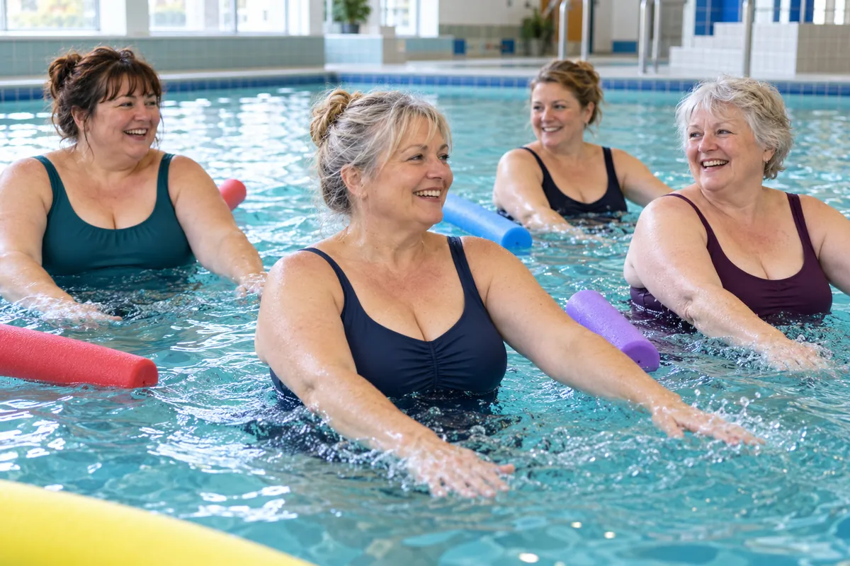 Group of women of different ages and body sizes doing an aqua aerobics in the shallow end of a UK leisure centre pool