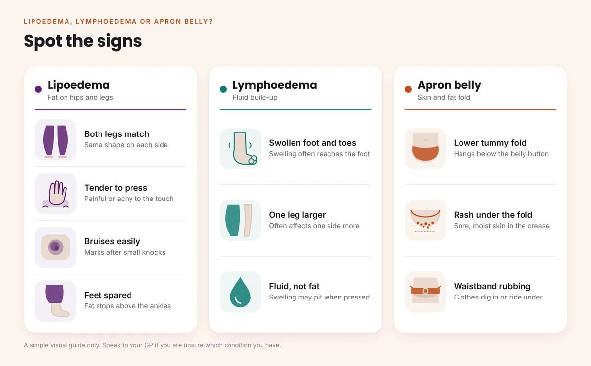 Infographic comparing the main signs of lipoedema, lymphoedema and an apron belly