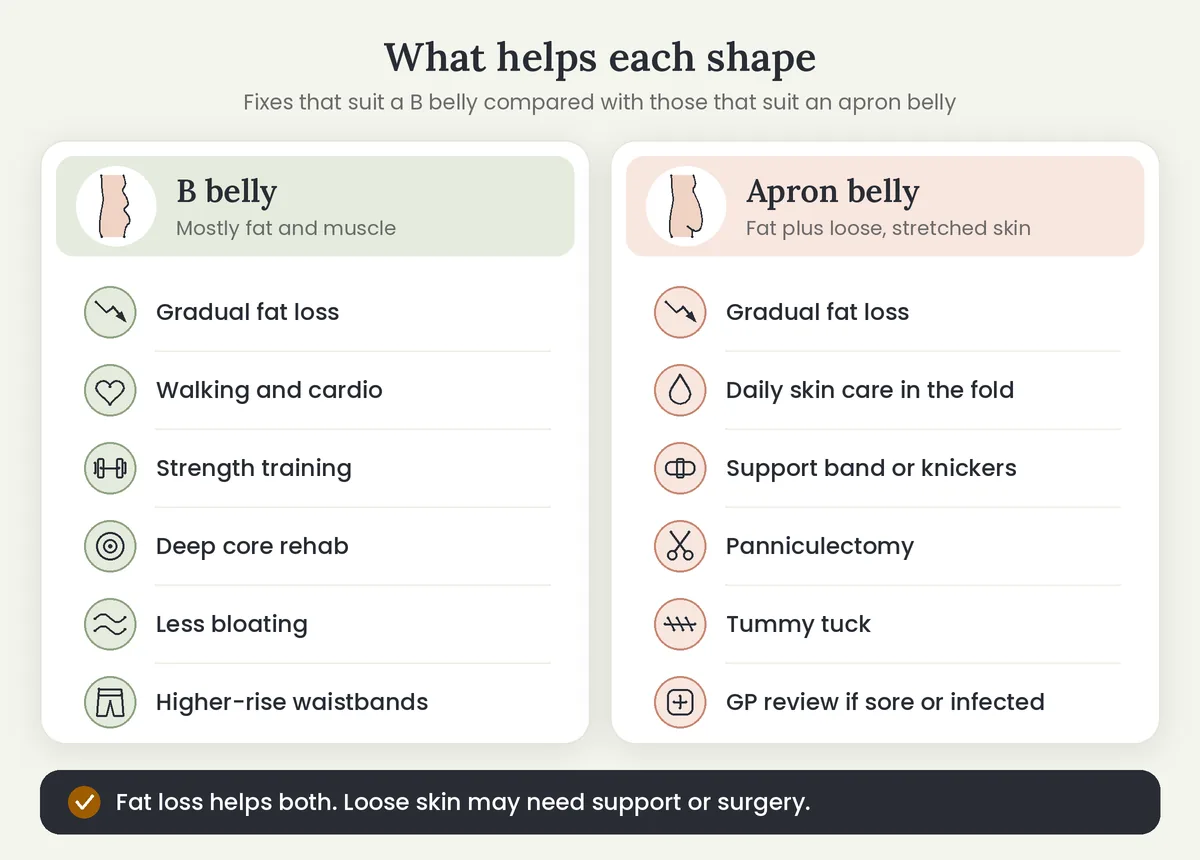 Infographic showing what helps a B belly compared with what helps an apron belly