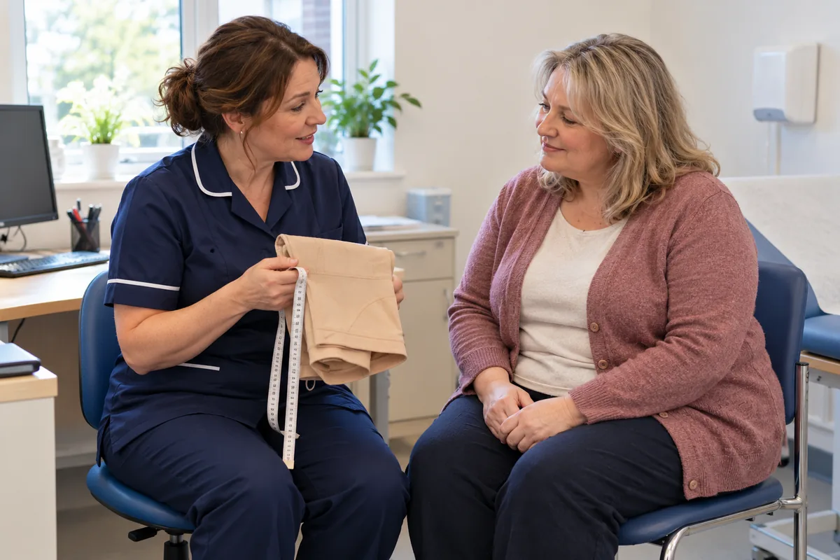 UK lymphoedema nurse talking a fully clothed patient through a compression garment in a calm clinic room