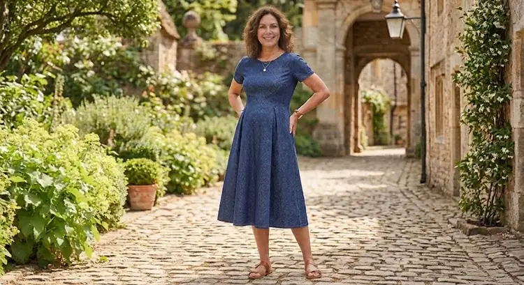 Navy fit-and-flare midi dress with a pleated skirt from the natural waist for an apron belly