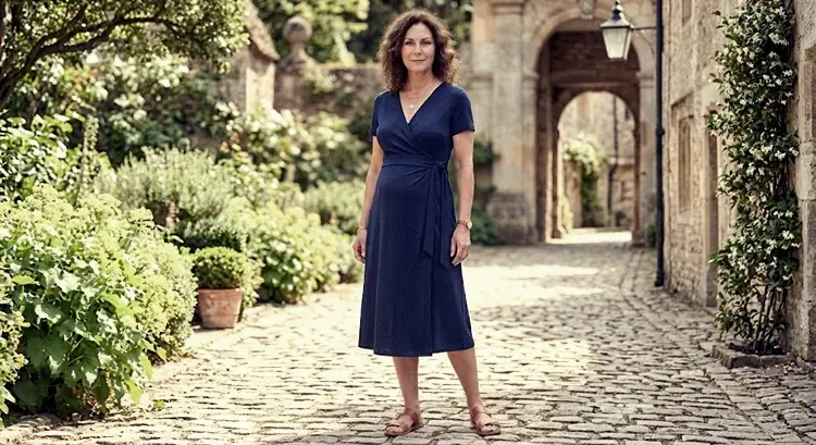 Navy wrap dress with a tie at the natural waist worn over an apron belly