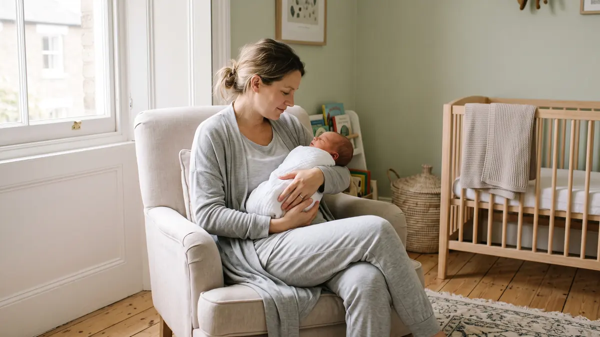 New mother in grey loungewear holding her sleeping newborn in an armchair in a bright nursery