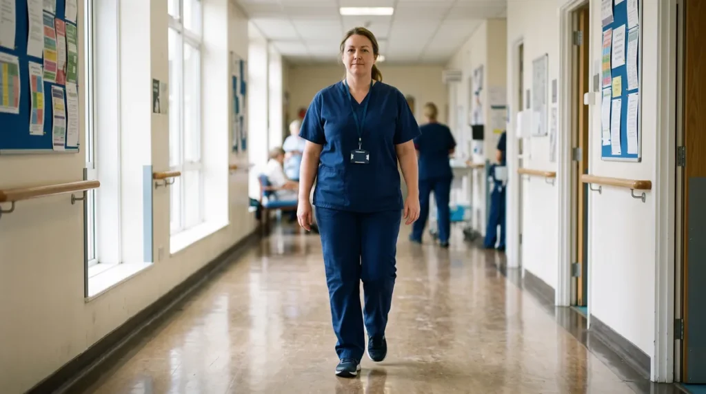 Plus-size nurse in navy scrubs walking along a hospital corridor during a shift
