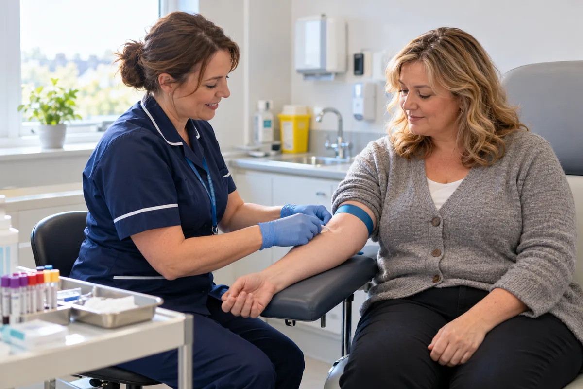 Practice nurse taking a blood sample from a seated woman's arm for an HbA1c test in a UK GP surgery