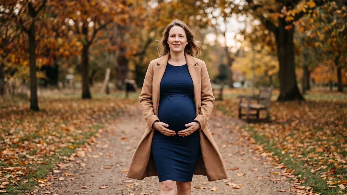 Pregnant woman in a navy maternity dress walking in a park with her hands cradling a B-shaped bump