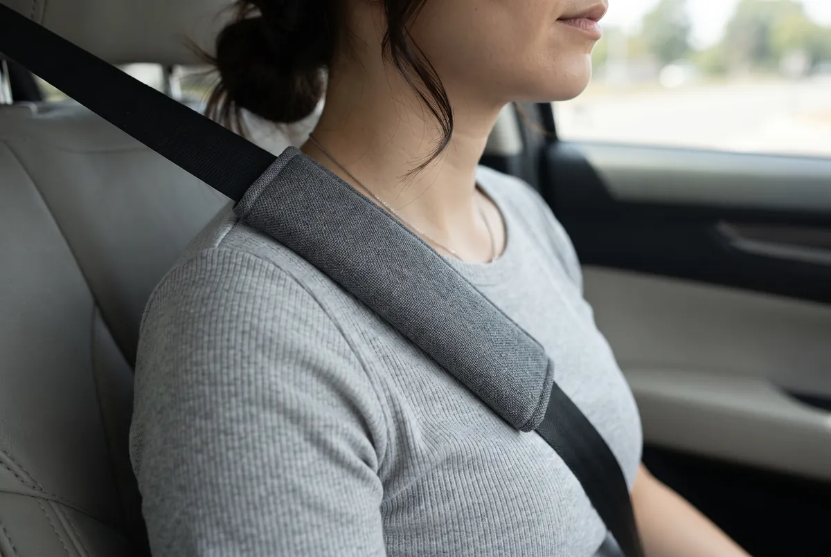 Slim soft fabric seatbelt sleeve on the diagonal strap across a woman's shoulder