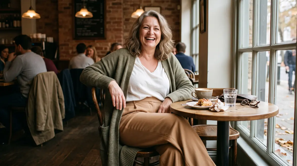 Smiling woman in camel wide-leg trousers and a longline cardigan sitting comfortably in a cafe