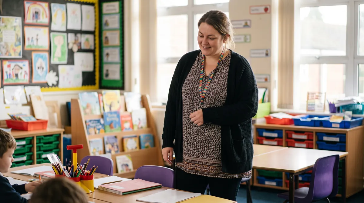 Teacher standing in a UK primary classroom in a long tunic, cardigan and stretch trousers