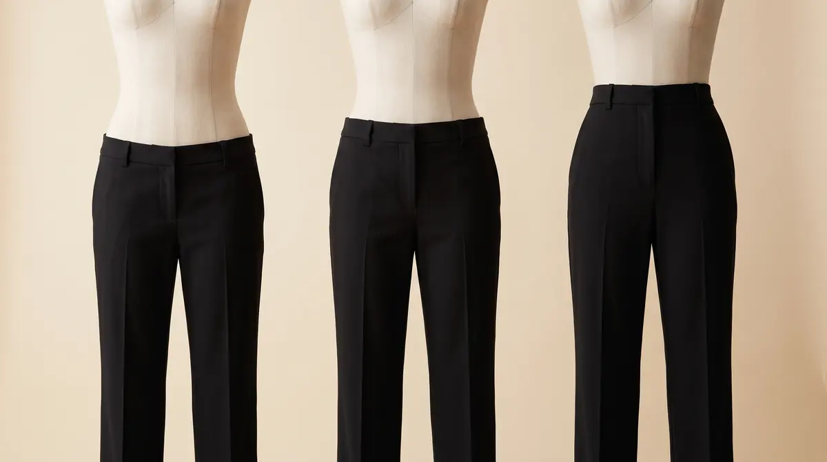 Three pairs of black trousers on mannequins showing low rise, mid rise and high rise