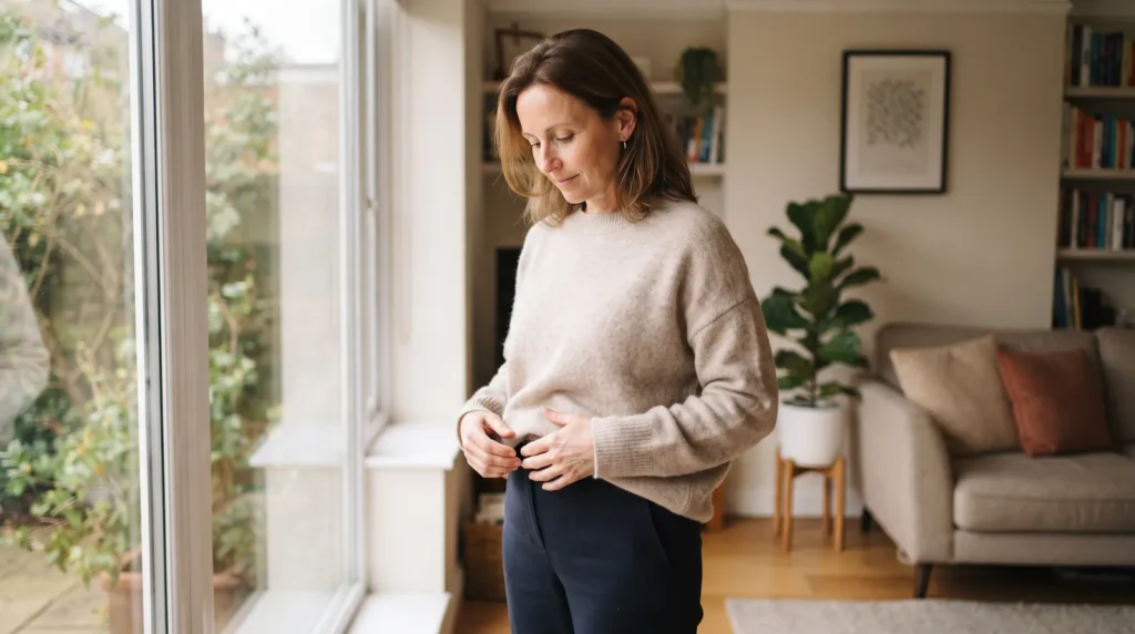 Woman at home after weight loss surgery looking down at a loose top around her midsection