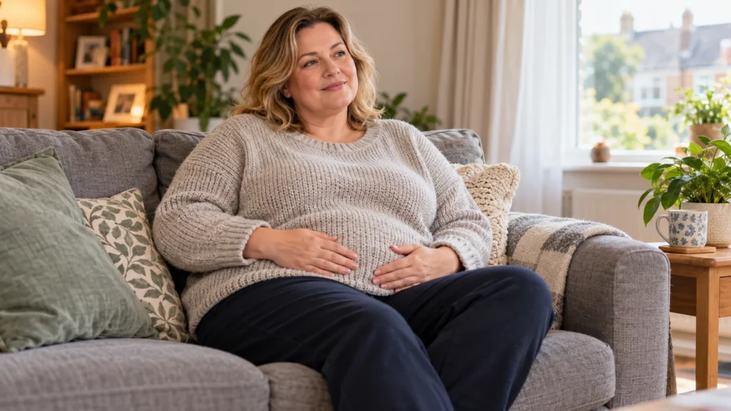 Woman sitting calmly on a sofa at home in the UK, gently resting her hands on her lower tummy over her clothes