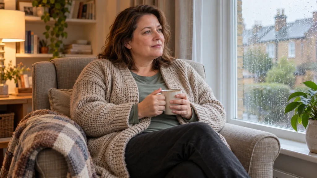 Tired woman in her late forties sitting by a window at home, wrapped in a thick cardigan and holding a mug of tea