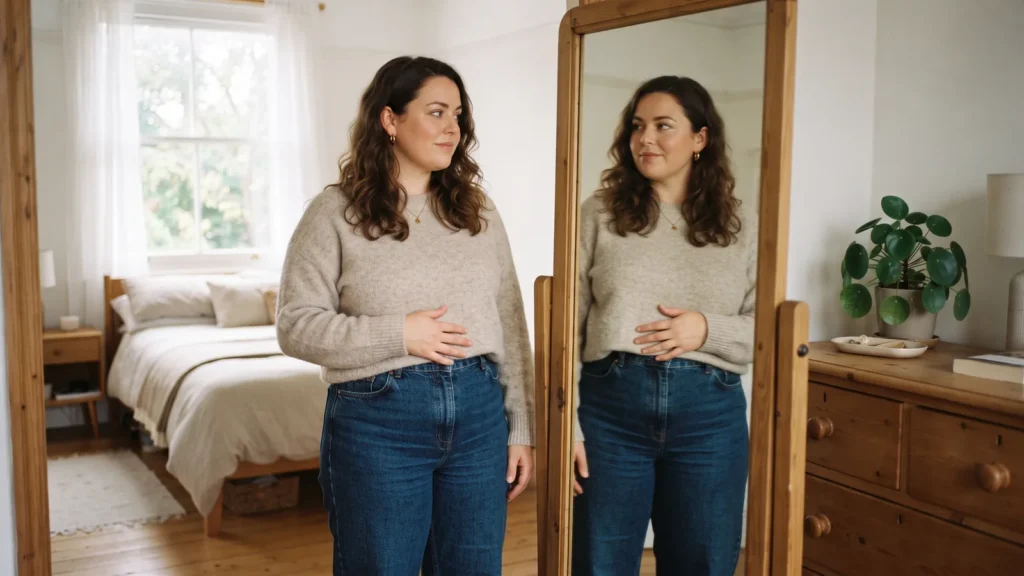 Woman at home in a UK bedroom calmly checking her lower tummy in a mirror while fully clothed