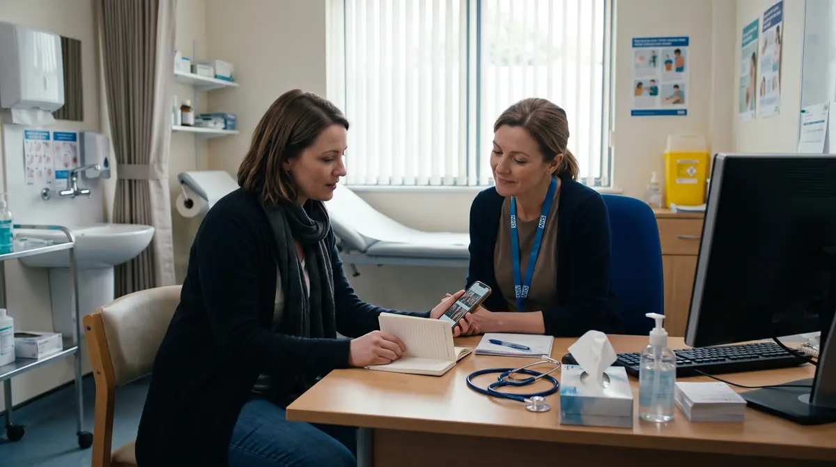 Woman discussing her symptoms with a GP using written notes in a UK surgery