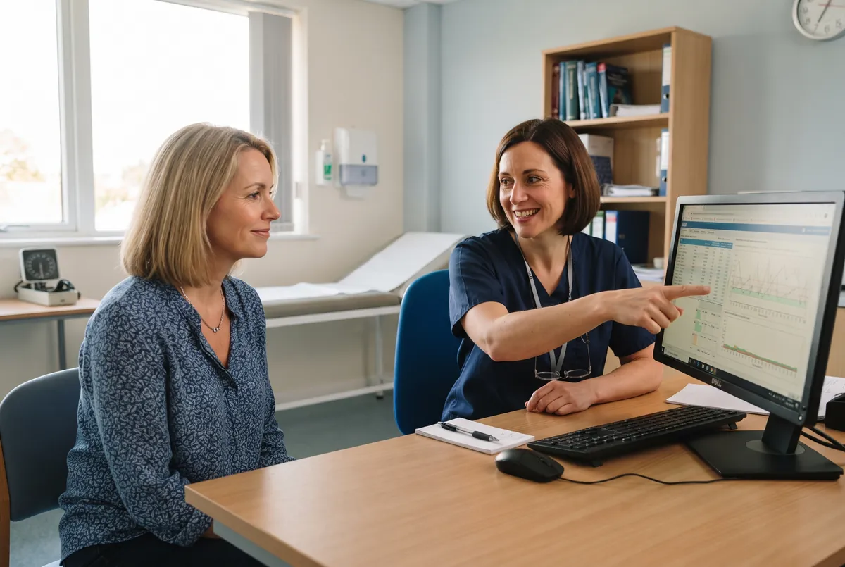 Woman discussing loose skin after gastric bypass with her GP in a UK surgery