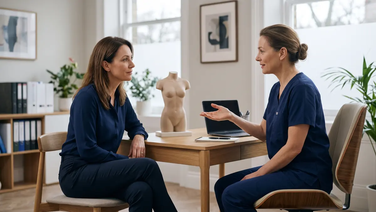 Woman discussing panniculectomy and tummy tuck options with a plastic surgeon in a clinic consultation room